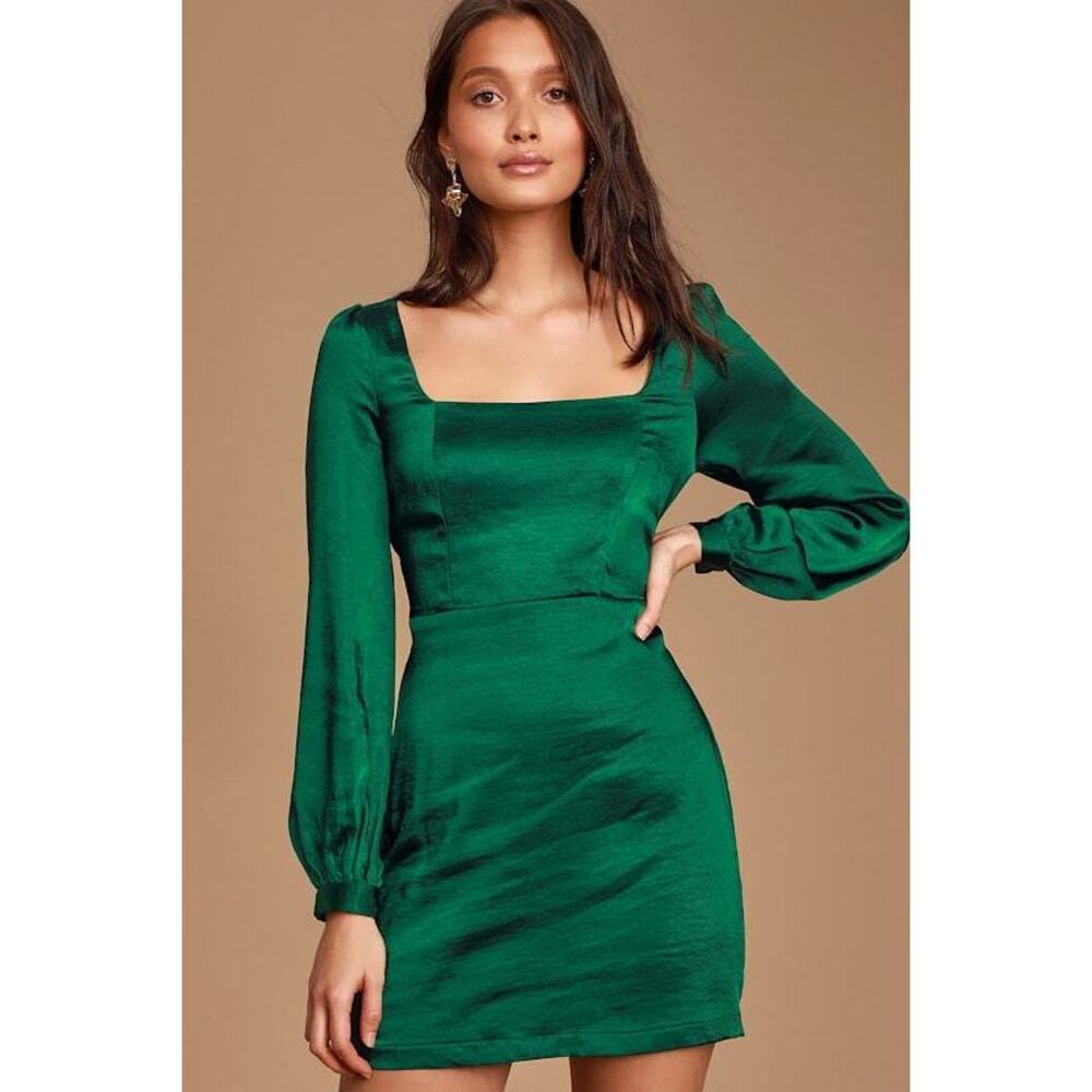 Lulus Got The Love Emerald Green Satin Square-neck Mini Dress - Size L